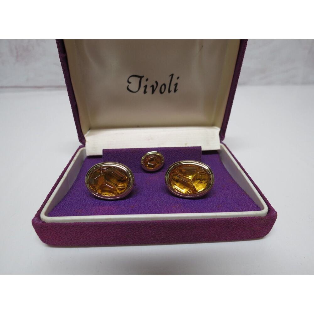 Tivoli Faux Amber Gold Tone Cufflinks & Tie Pin Chain Set